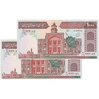 اسکناس 1000 ریال (محمدخان - عادلی) شماره بزرگ - نخ نستعلیق - جفت - UNC63 - جمهوری اسلامی