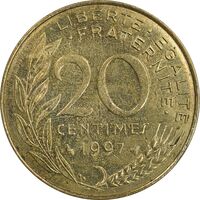 سکه 20 سانتیم 1997 جمهوری کنونی - ماریان - AU50 - فرانسه