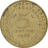سکه 5 سانتیم 1966 جمهوری کنونی - ماریان - EF45 - فرانسه
