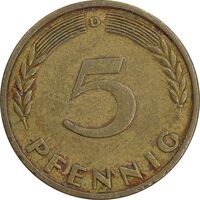 سکه 5 فینیگ 1950D جمهوری فدرال - EF45 - آلمان