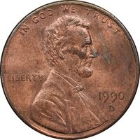 سکه 1 سنت 1990D لینکلن - MS61 - آمریکا