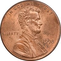 سکه 1 سنت 1998D لینکلن - MS62 - آمریکا