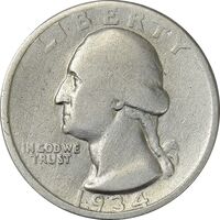 سکه کوارتر دلار 1934 (نوشته باریک) واشنگتن - VF20 - آمریکا