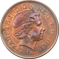 سکه 2 پنس 1999 الیزابت دوم - AU50 - انگلستان