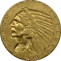 سکه طلا 5 دلار 1908 سرخپوستی - AU58 - آمریکا