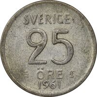 سکه 25 اوره 1961 گوستاو ششم - VF30 - سوئد