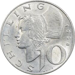 سکه 10 شیلینگ 1958 جمهوری دوم - MS61 - اتریش
