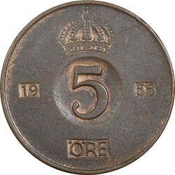 سکه 5 اوره 1955 گوستاو ششم - EF45 - سوئد