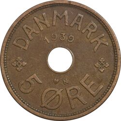 سکه 5 اوره 1939 کریستیان دهم - EF40 - دانمارک