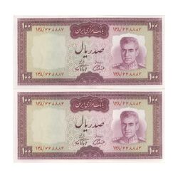 اسکناس 100 ریال (آموزگار - فرمان فرماییان) نوشته قرمز - جفت - UNC63 - محمد رضا شاه