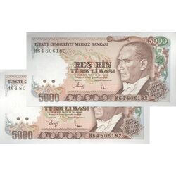 اسکناس 5000 لیره بدون تاریخ (1990) جمهوری - جفت - UNC63 - ترکیه