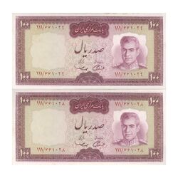 اسکناس 100 ریال (آموزگار - سمیعی) نوشته قرمز - جفت - AU58 - محمد رضا شاه