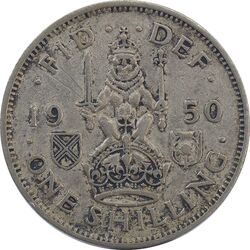 سکه 1 شیلینگ 1950 جرج ششم - تیپ 2 - VF35 - انگلستان