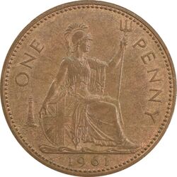 سکه 1 پنی 1961 الیزابت دوم - AU55 - انگلستان
