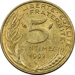 سکه 5 سانتیم 1992 (ماریان) جمهوری کنونی - AU58 - فرانسه