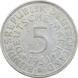 سکه 5 مارک 1951D جمهوری فدرال - EF45 - آلمان