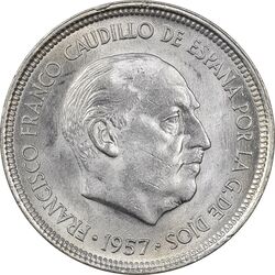 سکه 5 پزتا (58)1957 فرانکو کادیلو - MS63 - اسپانیا