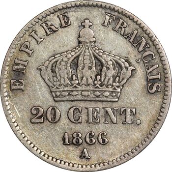 سکه 20 سانتیم 1866 ناپلئون سوم - EF40 - فرانسه