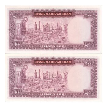 اسکناس 100 ریال (آموزگار - سمیعی) نوشته سیاه - جفت - UNC63 - محمد رضا شاه