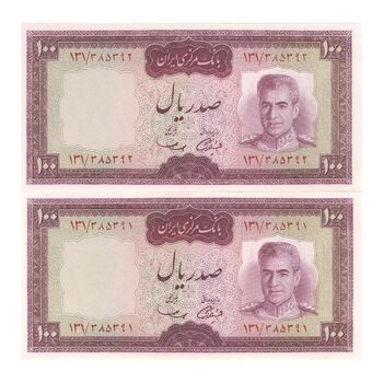 اسکناس 100 ریال (آموزگار - سمیعی) نوشته قرمز - جفت - UNC63 - محمد رضا شاه