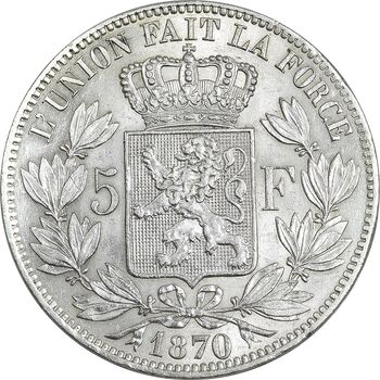 سکه 5 فرانک 1870 لئوپولد دوم (نیمرخ کوچک) - AU55 - بلژیک