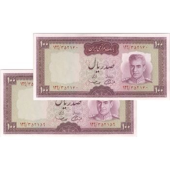 اسکناس 100 ریال (آموزگار - سمیعی) نوشته قرمز - جفت - UNC62 - محمد رضا شاه