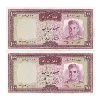 اسکناس 100 ریال (آموزگار - سمیعی) نوشته قرمز - جفت - UNC62 - محمد رضا شاه