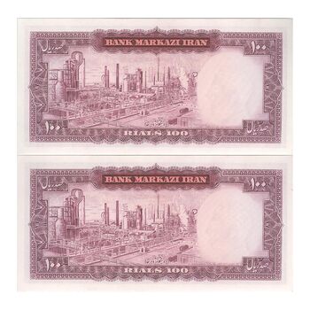 اسکناس 100 ریال (آموزگار - سمیعی) نوشته سیاه - جفت - UNC62 - محمد رضا شاه