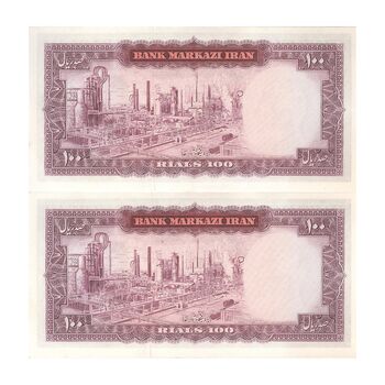 اسکناس 100 ریال (آموزگار - سمیعی) نوشته قرمز - جفت - UNC63 - محمد رضا شاه