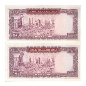 اسکناس 100 ریال (آموزگار - سمیعی) نوشته قرمز - جفت - UNC62 - محمد رضا شاه