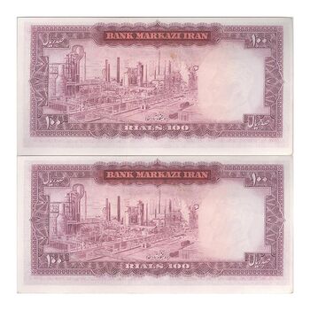 اسکناس 100 ریال (آموزگار - فرمان فرماییان) نوشته قرمز - جفت - UNC61 - محمد رضا شاه