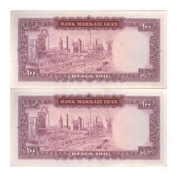 اسکناس 100 ریال (آموزگار - فرمان فرماییان) نوشته قرمز - جفت - UNC62 - محمد رضا شاه