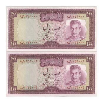 اسکناس 100 ریال (آموزگار - فرمان فرماییان) نوشته سیاه - جفت - UNC62 - محمد رضا شاه