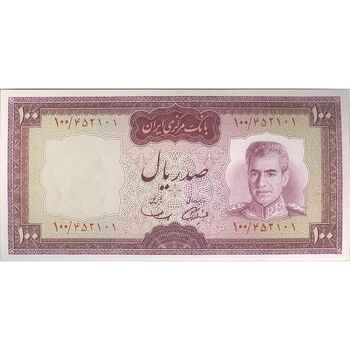اسکناس 100 ریال (آموزگار - سمیعی) نوشته قرمز - تک - UNC63 - محمد رضا شاه