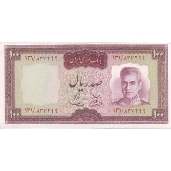 اسکناس 100 ریال (آموزگار - سمیعی) نوشته قرمز - تک - UNC62 - محمد رضا شاه