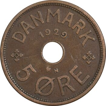 سکه 5 اوره 1929 کریستیان دهم - EF40 - دانمارک