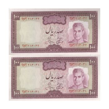 اسکناس 100 ریال (آموزگار - جهانشاهی) - جفت - UNC62 - محمد رضا شاه