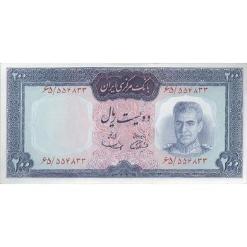 اسکناس 200 ریال (آموزگار - سمیعی) نوشته قرمز - تک - UNC62 - محمد رضا شاه