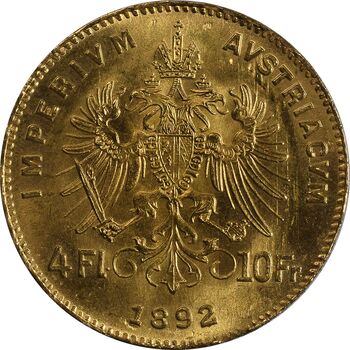 سکه 10 فرانک (4 فلورین) 1892 فرانتس یوزف یکم (طلا) - MS64 - اتریش