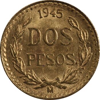 سکه طلا 2 پزو نشان قدیم مکزیک 1945 - MS63 - مکزیک
