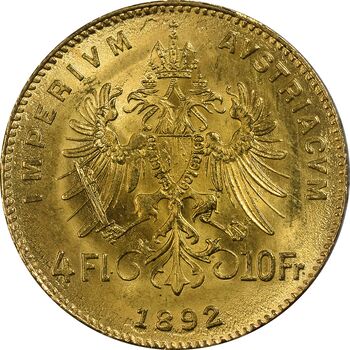 سکه 10 فرانک (4 فلورین) 1892 فرانتس یوزف یکم (طلا) - MS64 - اتریش