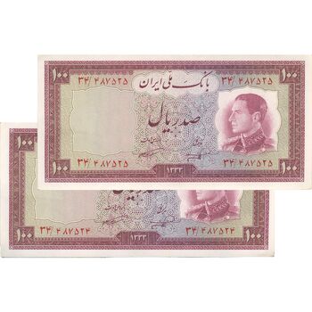 اسکناس 100 ریال 1333 - جفت - AU58 - محمد رضا شاه