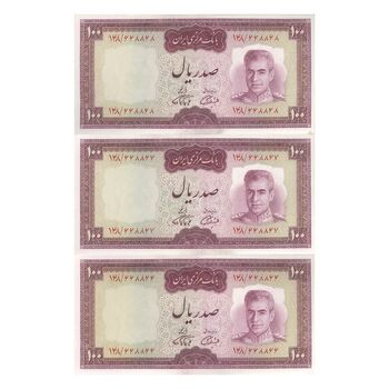 اسکناس 100 ریال (آموزگار - فرمان فرماییان) نوشته قرمز (شماره قرینه) - تریپل - UNC62 - محمد رضا شاه