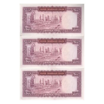 اسکناس 100 ریال (آموزگار - فرمان فرماییان) نوشته قرمز (شماره قرینه) - تریپل - UNC62 - محمد رضا شاه