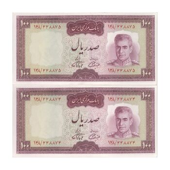اسکناس 100 ریال (آموزگار - فرمان فرماییان) نوشته قرمز - جفت - UNC62 - محمد رضا شاه