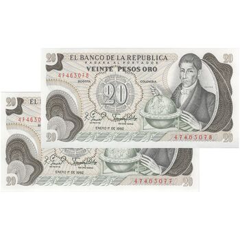 اسکناس 20 اورو پزو 1982 (بدون رشته امنیتی) جمهوری - جفت - UNC64 - کلمبیا