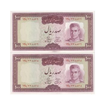 اسکناس 100 ریال (آموزگار - فرمان فرماییان) نوشته قرمز - جفت - UNC63 - محمد رضا شاه