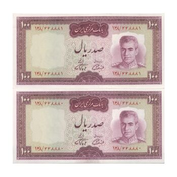 اسکناس 100 ریال (آموزگار - فرمان فرماییان) نوشته قرمز - جفت - UNC62 - محمد رضا شاه