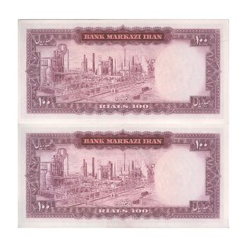 اسکناس 100 ریال (آموزگار - فرمان فرماییان) نوشته قرمز - جفت - UNC62 - محمد رضا شاه