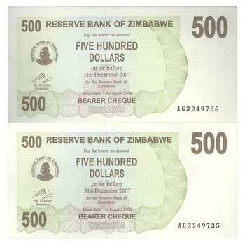 اسکناس 500 دلار 2006 جمهوری - جفت - UNC62 - زیمبابوه